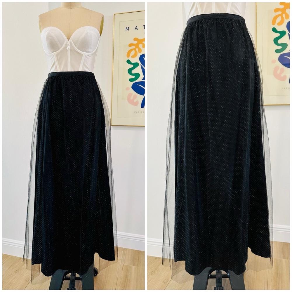 Vintage Y2K Black Tulle & Silver Glitter Maxi Skirt